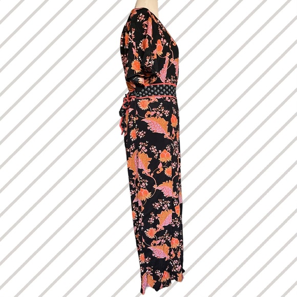 Maeve for Anthropologie Black w/ Orange & Coral Floral Belted Botanical Jumpsuit - Picture 4 of 7